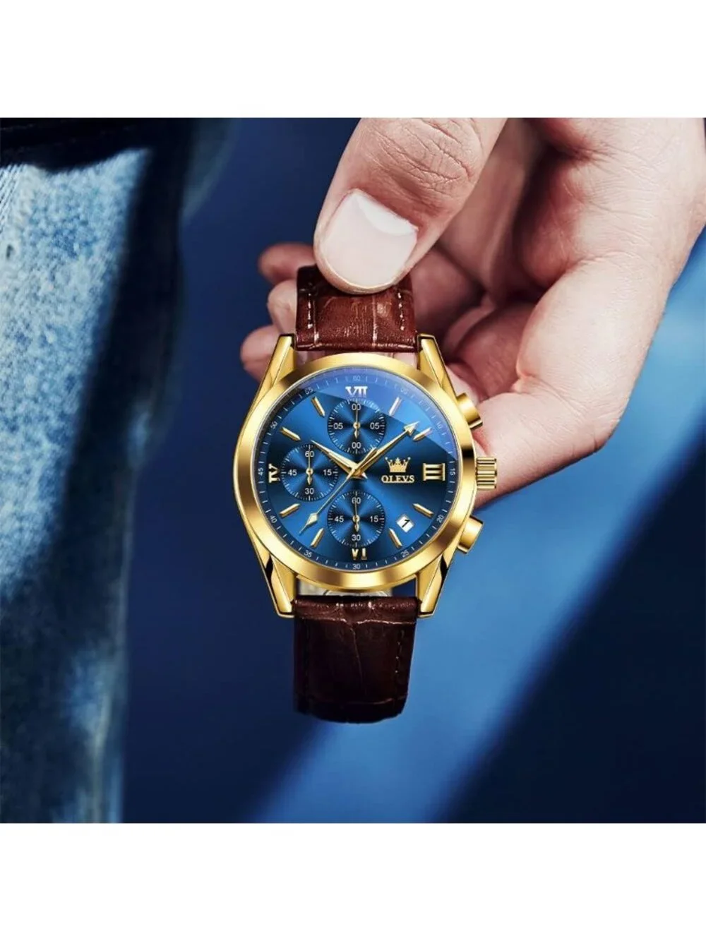 Men's Blue Brown Leather Chronograph Watch Big Face Waterproof Luminous Watch